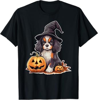 Halloween Witch Hat Pumpkin Dog Cavalier King Charles T-Shirt for Men Women Kids