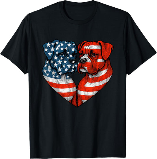 Patriotic Boxers Dogs Heart American Flag USA 4th Of July T-Shirt