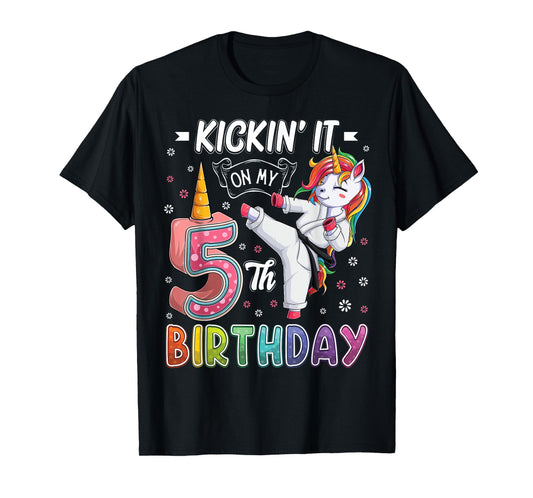 Unicorn Karate 5th Birthday Five 5 Years Old Taekwondo Kids T-Shirt