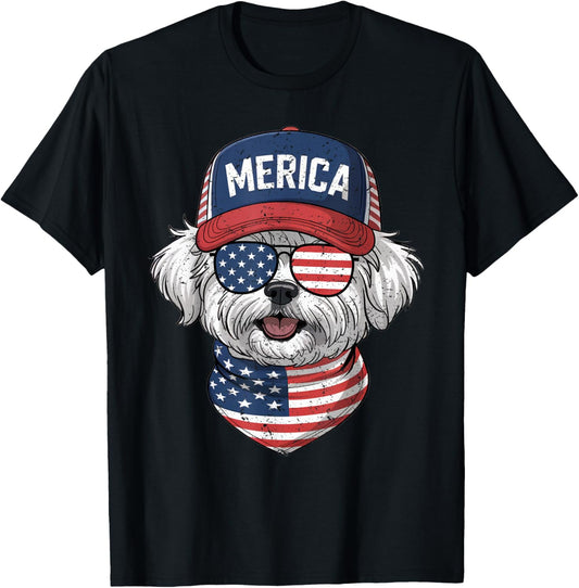 Maltese 4th of July Us American Flag Dog Patriotic T-shirt
