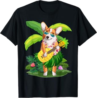 Hawaiian Corgi Dog & Pineapple Ukulele Summer Vacation T-Shirt for Men Women Girls Kids