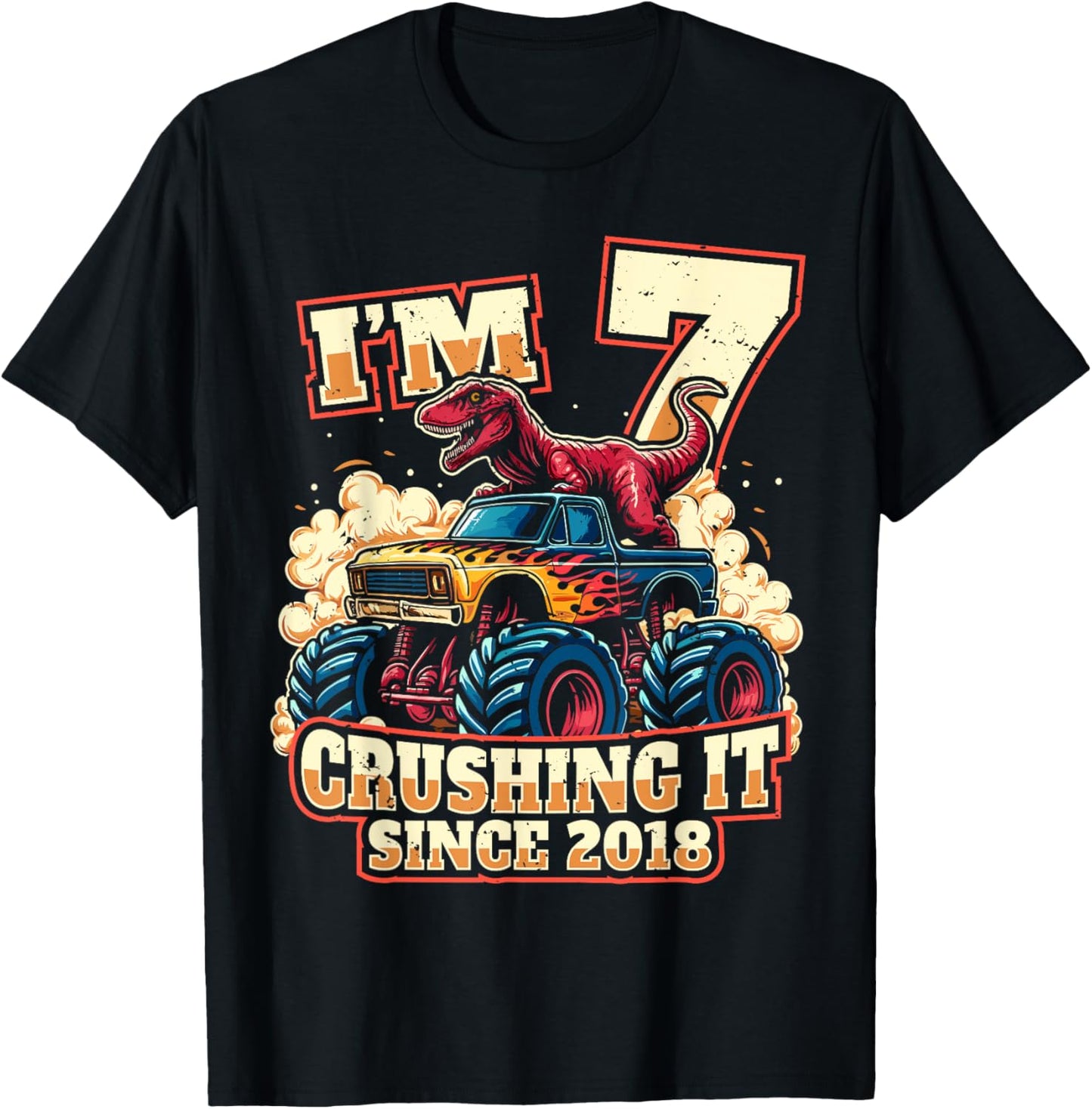 7 Year Old Boys 7th Birthday Dinosaur Monster Truck Party T-Shirt