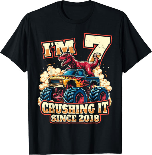 7 Year Old Boys 7th Birthday Dinosaur Monster Truck Party T-Shirt