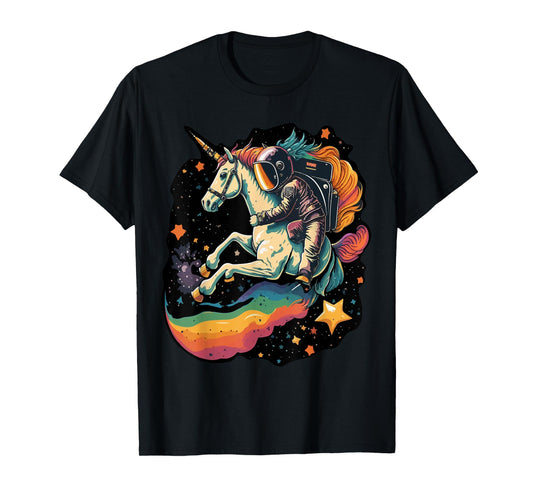 Cool Astronaut Spaceman Riding A Rainbow Unicorn In Space T-Shirt