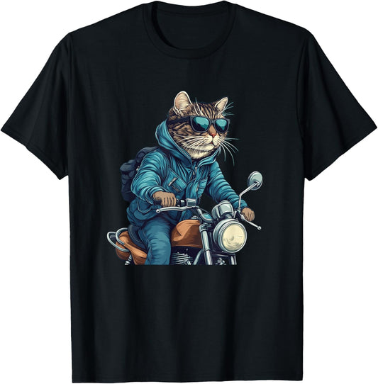 Casual Sunglasses Cat with Cool Motorcycle Costume T-Shirt