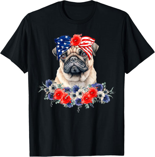 Pug Dog Bandana American Flag 4th Of July T-Shirt