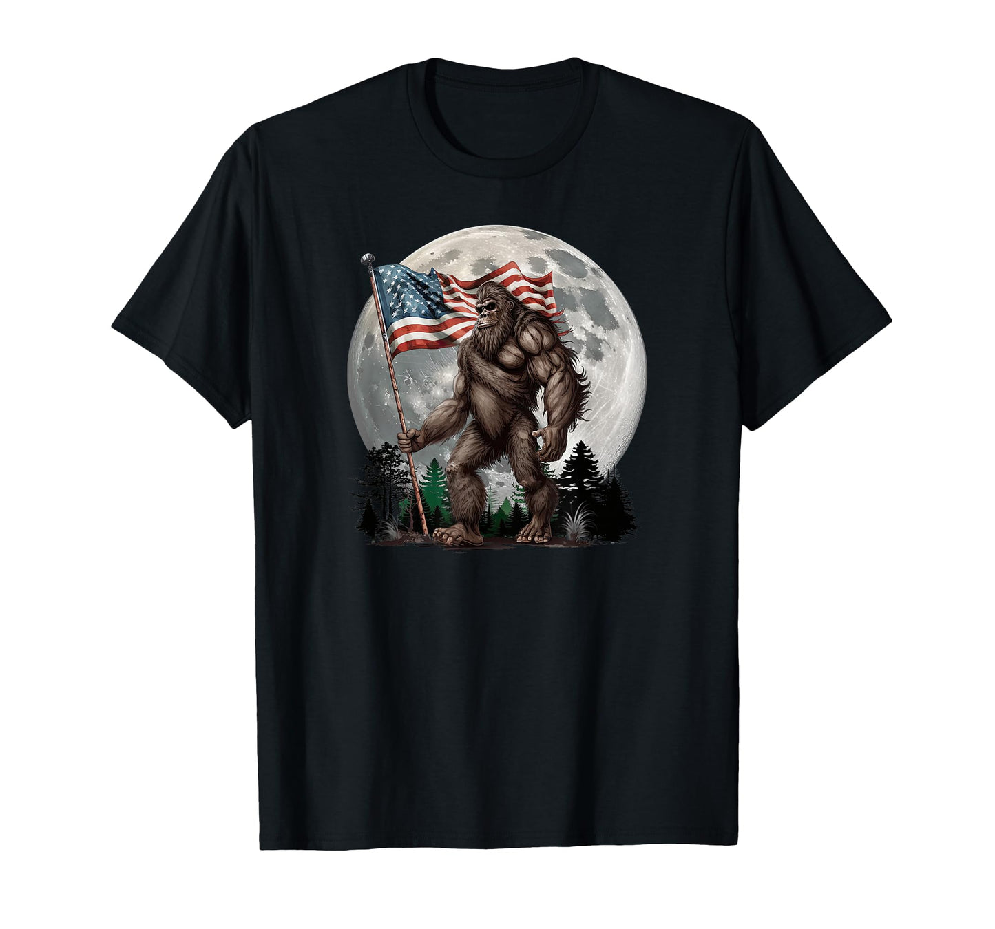 Bigfoot Sasquatch - American Flag Full Moon Patriotic T-Shirt