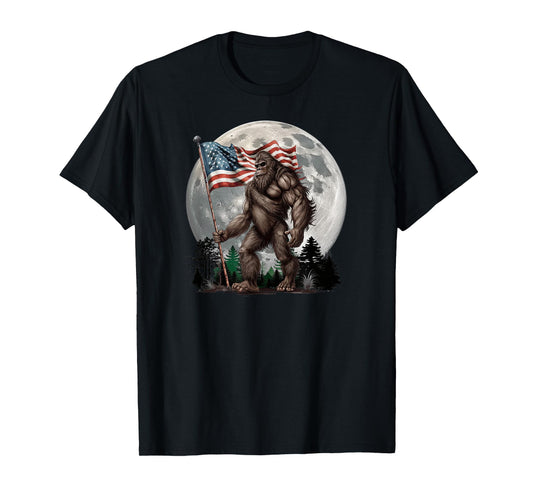 Bigfoot Sasquatch - American Flag Full Moon Patriotic T-Shirt