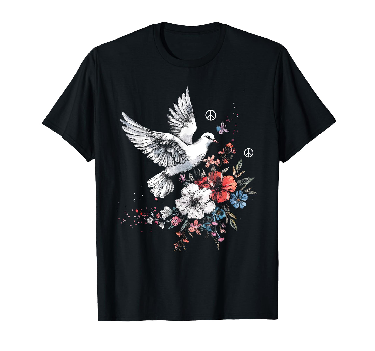 Peace Sign Dove White Pigeon Bird Vintage Flowers T-Shirt