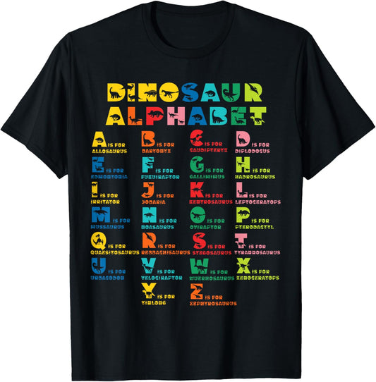 Types Of Dinosaurs Alphabet A-Z ABC Dino Identification kids T-Shirt