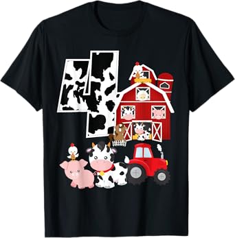 Farm Barnyard Theme Pig Cow Horse 4th Birthday 4 Yrs Old T-Shirt