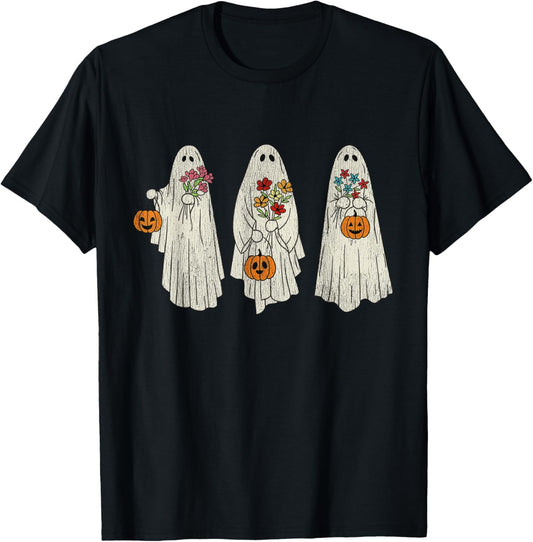 Groovy Vintage Floral Ghost Cute Halloween Spooky Season T-Shirt