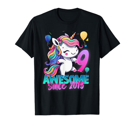 9th Birthday Girl Awesome Since 2015 9 Years Old Unicorn T-Shirt