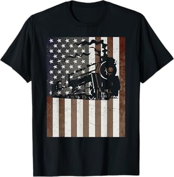 Train Locomotive Engine American Flag Model Builder Vintage T-Shirt