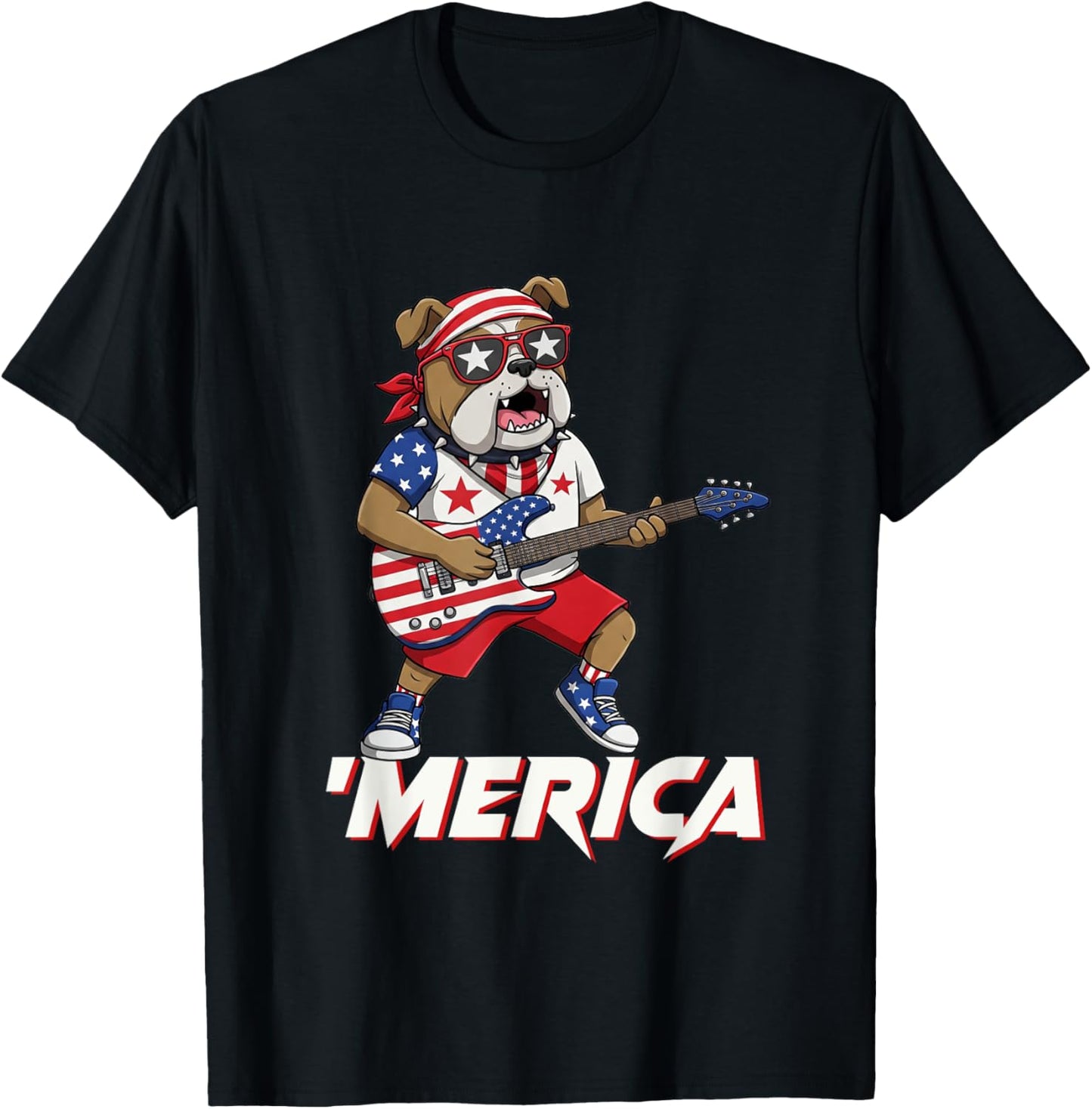 Merica 4th Of July Bulldog Playing Guitar Patriotic Men Boy T-Shirt