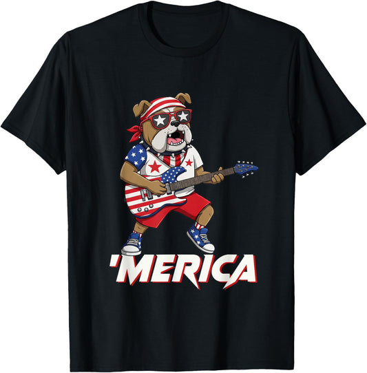 Merica 4th Of July Bulldog Playing Guitar Patriotic Men Boy T-Shirt