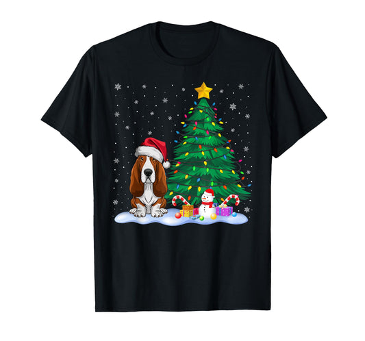 Basset Hound Dog Xmas Tree Lights Reindeer Hat Christmas T-Shirt for Men Women Kids