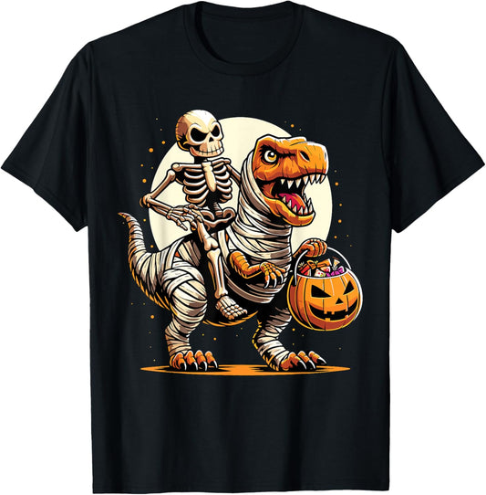 Halloween Skeleton Riding Mummy Dinosaur T-Shirt