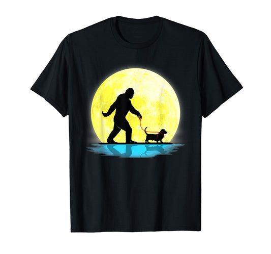 Cute Bigfoot Walking Basset Hound Full Moon Light Lovers T-Shirt