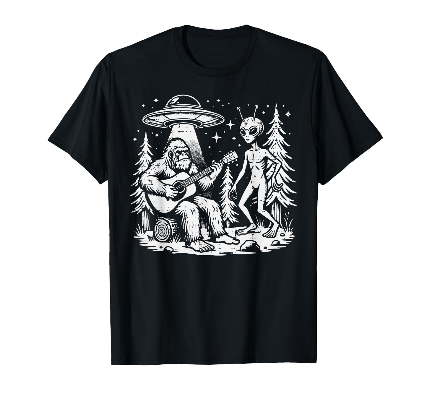Sasquatch Guitar Alien Ufo Camping Bigfoot Women Men Kids T-Shirt