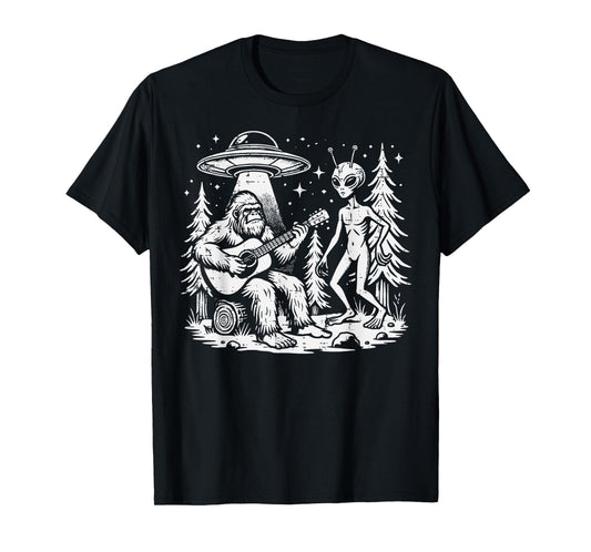 Sasquatch Guitar Alien Ufo Camping Bigfoot Women Men Kids T-Shirt