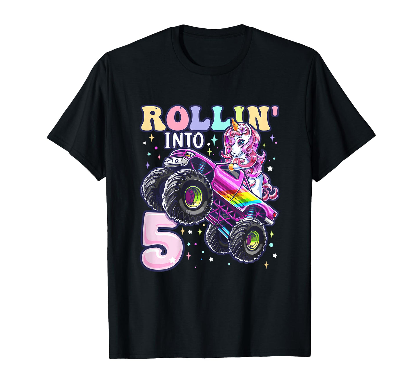 Unicorn Monster Truck 5th Birthday 5 Year Old Girls Party T-Shirt