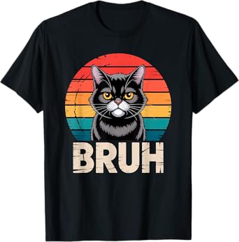 Grumpy Black Cat with BRUH Text and Colorful Retro Men Women Kids T-Shirt