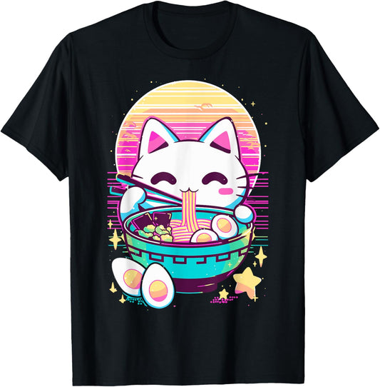 Anime Cat Eating Ramen Japanese Ramen Cat Japan T-Shirt