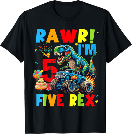 Monster Truck Boy Dinosaur 5th Birthday Party Monster Truck T-Shirt
