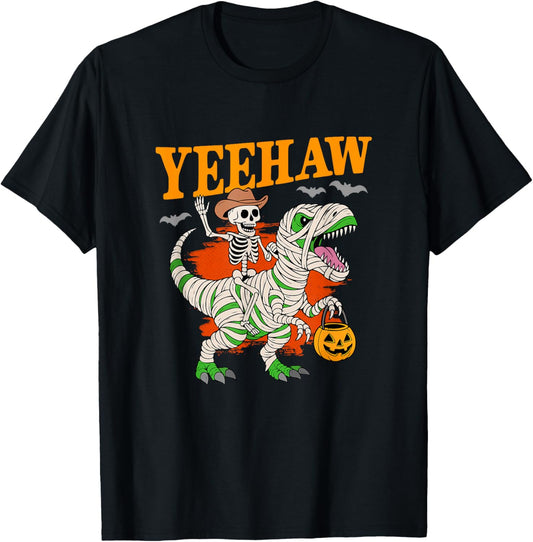 Cowboy Skeleton Riding Dino Funny Halloween T-Shirt