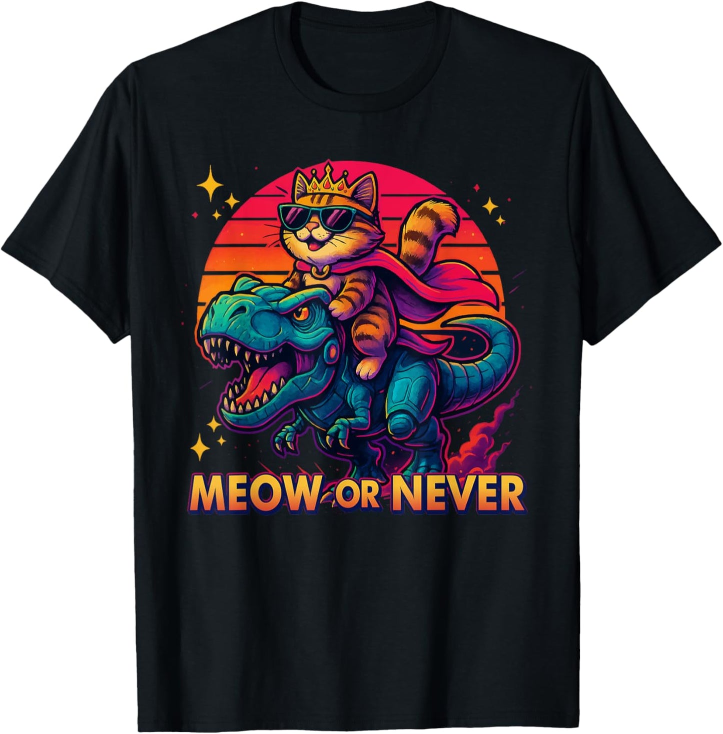 Funny Meow or Never Cat Riding Dinosaur T-Shirt