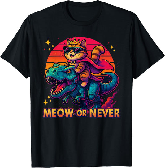 Funny Meow or Never Cat Riding Dinosaur T-Shirt