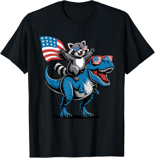 Raccoon Riding Dinosaur American Flag 4th Of July Merica T-Shirt