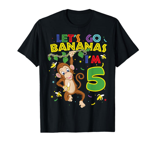 Kids Monkey 5th Birthday Zoo Let's Go Bananas I'm 5 T-Shirt