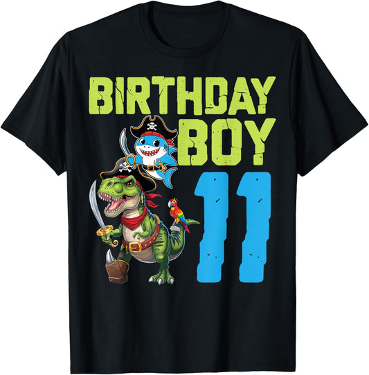 Birthday Boy 11 Years Old T-Rex Shark Pirate 11th Birthday T-Shirt