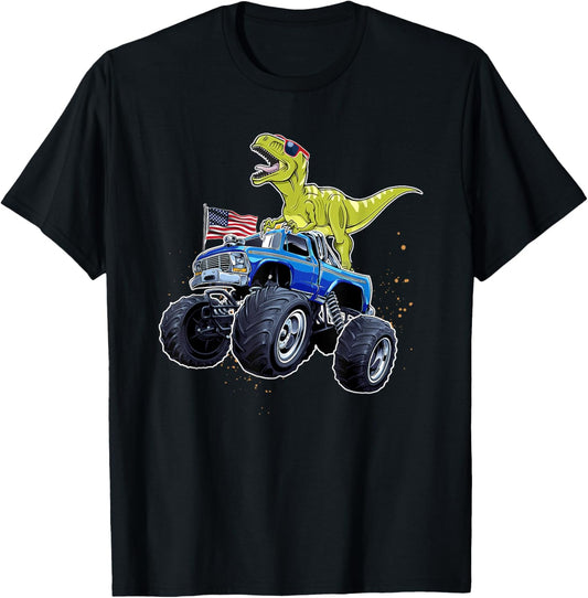 Monster Truck Dinosaur T Rex American Flag Men Boys T-Shirt