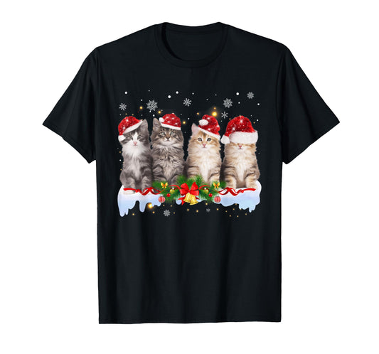 Cat Christmas Light Santa Hat Xmas Decorations Meowy Catmas T-Shirt