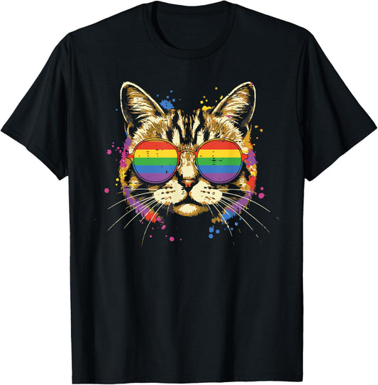 Gay Pride Month Cat Sunglasses LGBTQ Ally Rainbow Men Women T-Shirt