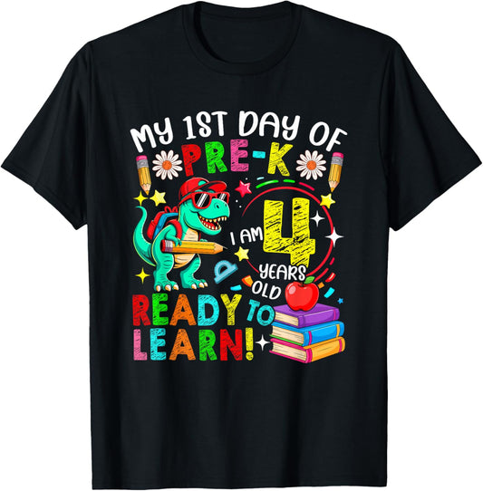 1st Day Of Pre-K 4 Years Old Cute T-rex Back To School T-Shirt