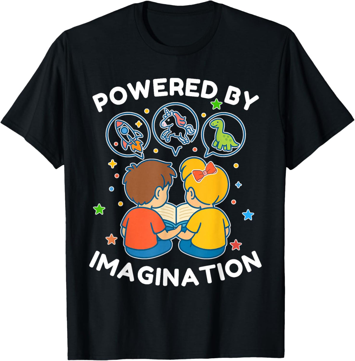 Kids Reading Rocket Unicorn Dinosaur Powered by Imagination T-Shirt
