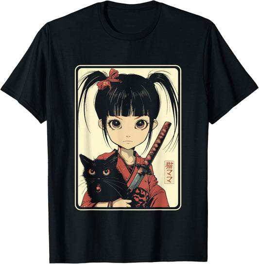 Japanese Gothic Kawaii Anime Samurai Cat Mom Woman Girls T-Shirt