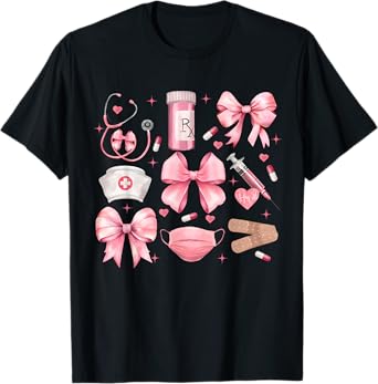 Women Pink Retro Nurse Coquette Pink Bow Girlie Nurse Life T-Shirt