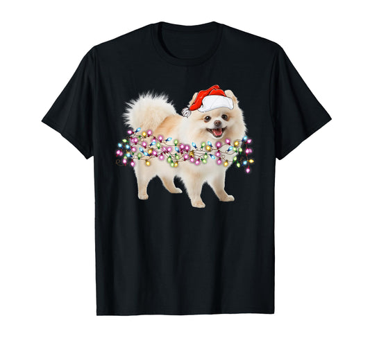 Cute Pomeranian Santa Christmas Tree Lights Unisex-Families, Kids, and Cartoon Lovers Black T-Shirt Small Classic Fit Short Sleeve