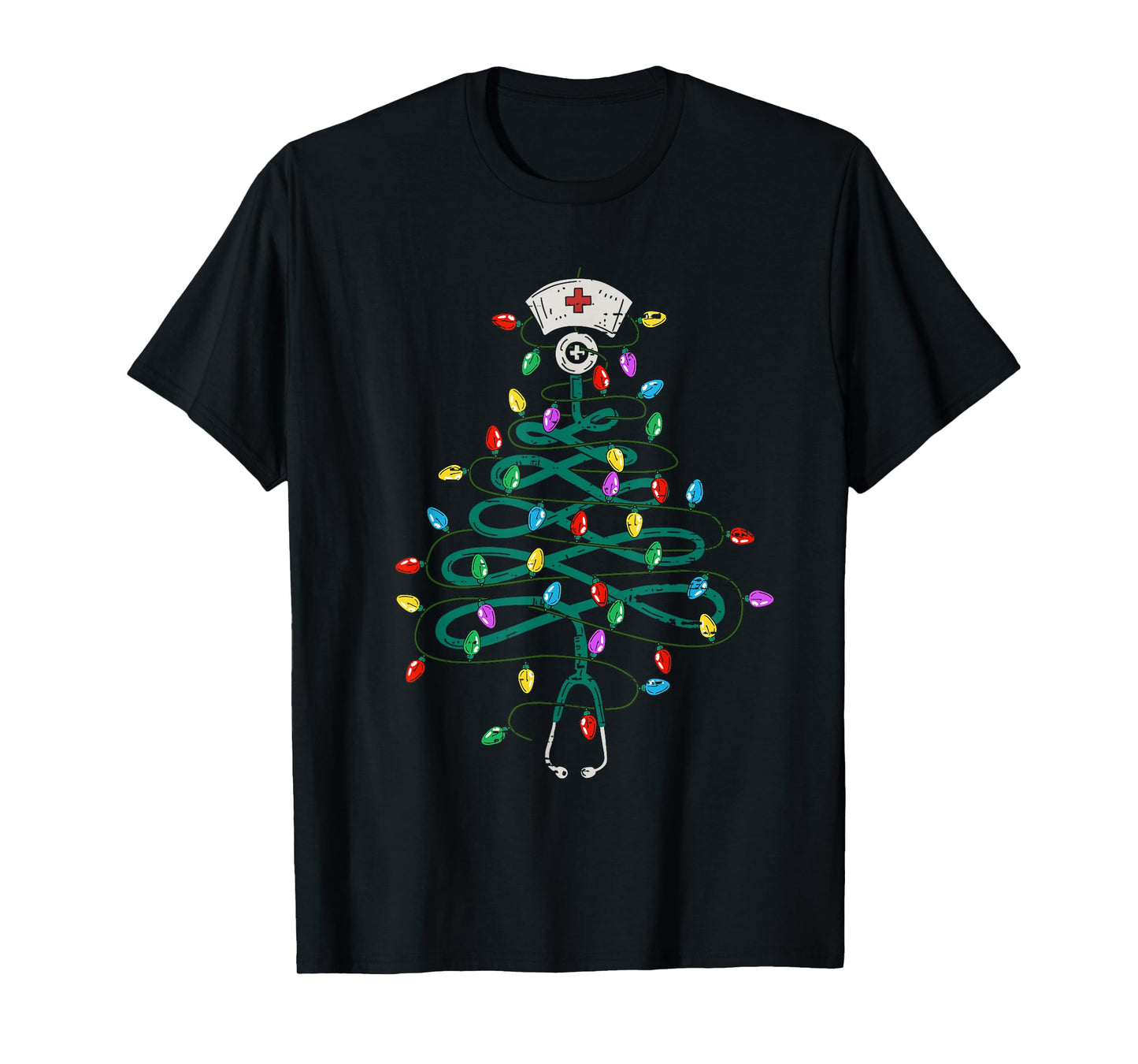 Stethoscope Christmas Tree Lights Nurse Christmas Scrub Top T-Shirt