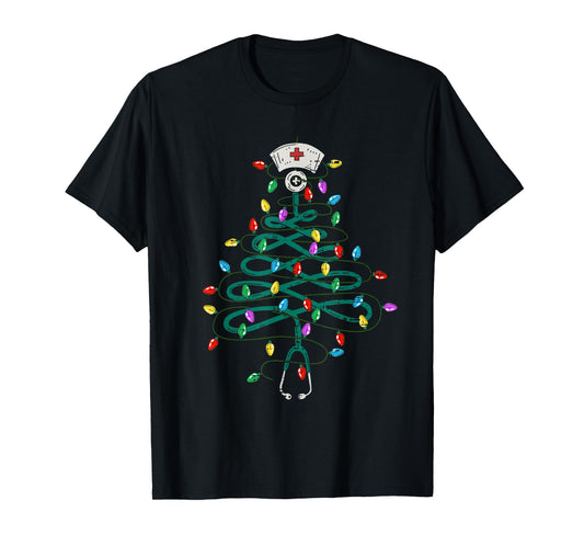 Stethoscope Christmas Tree Lights Nurse Christmas Scrub Top T-Shirt