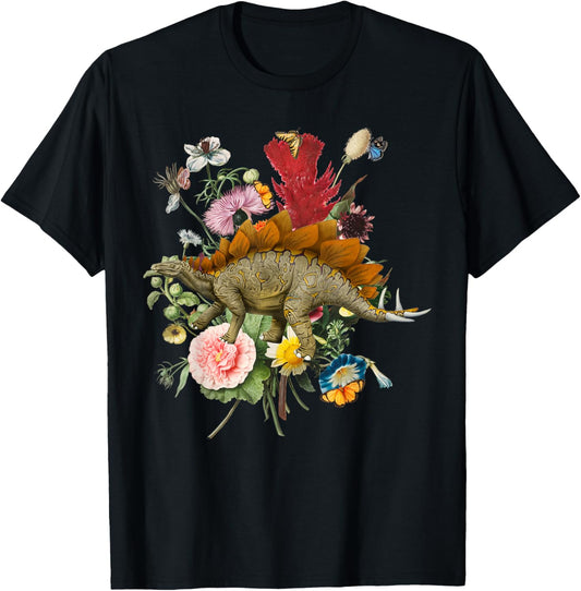 Cute Cottagecore Stegosaurus Dinosaur Flower Botanical Women T-Shirt