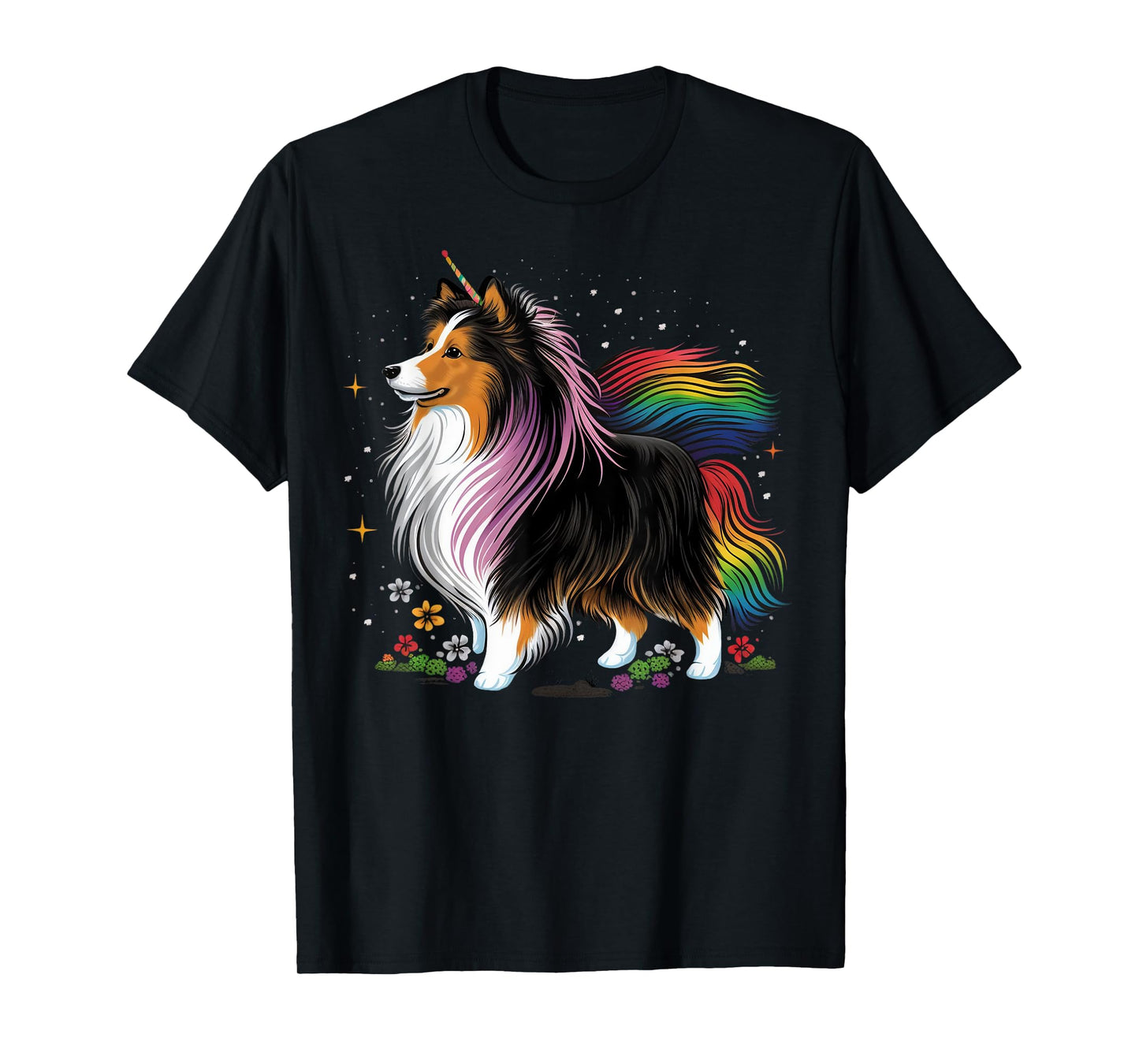 Sheltie Unicorn on Rainbow Unicorn Shetland Sheepdog Men Women Kids T-Shirt