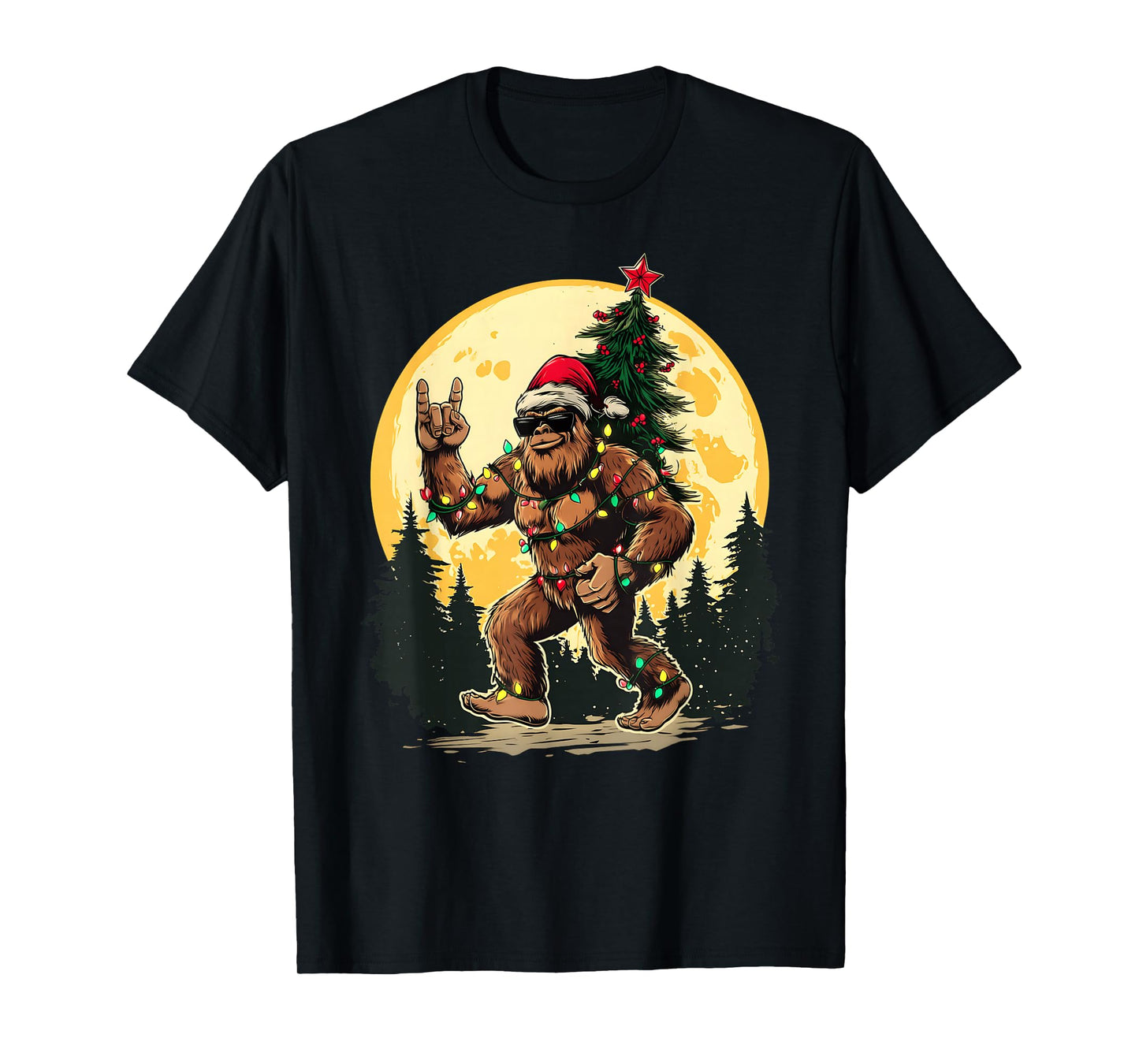 Bigfoot Rock Christmas Tree Xmas Lights Funny Sasquatch T-Shirt