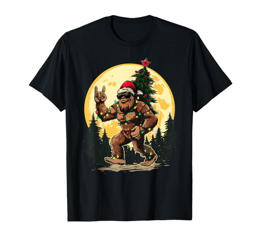 Bigfoot Rock Christmas Tree Xmas Lights Funny Sasquatch T-Shirt