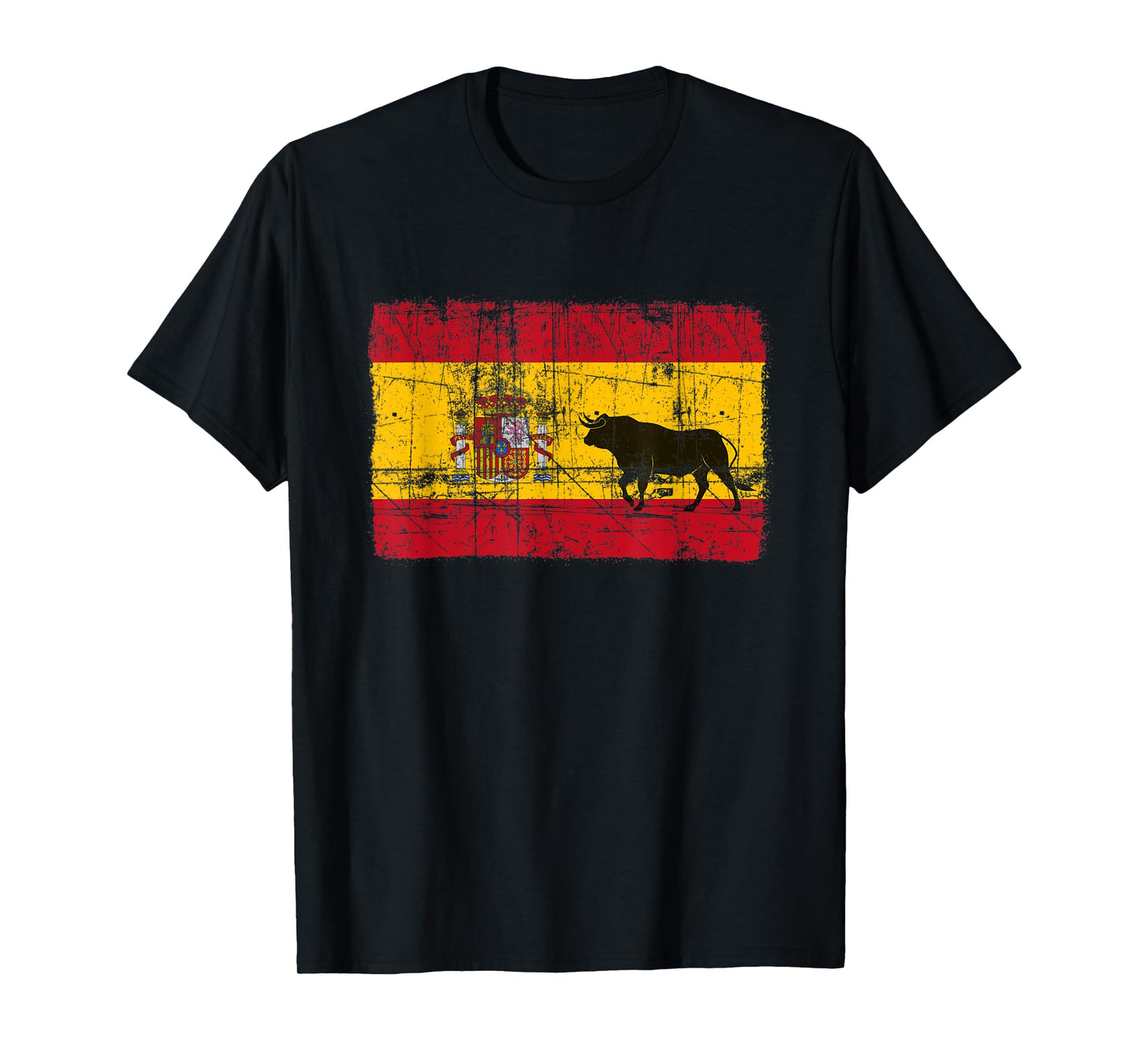 Spain Spanish Flag Bull El Matador Distressed Graphic Black T-Shirt